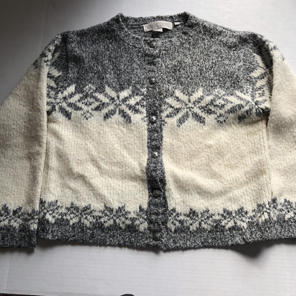 Nomadic Traders Gray Ivory Snowflake Cardigan Sweater Wool Blend Sz L A566